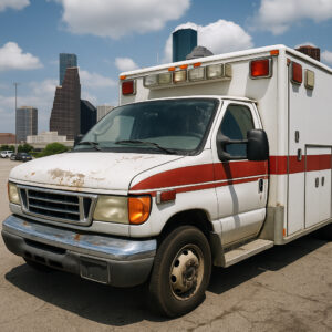 Ambulance in need of repair parked with the Houston skyline in the background, illustrating ambulance and emergency rig repair in Houston.