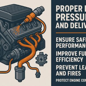 Detailed illustration of an RV engine fuel system showing injectors, fuel lines, and pressure gauge with text on proper fuel pressure and delivery to ensure safe performance, improve fuel efficiency, prevent leaks and fires, and protect engine components.