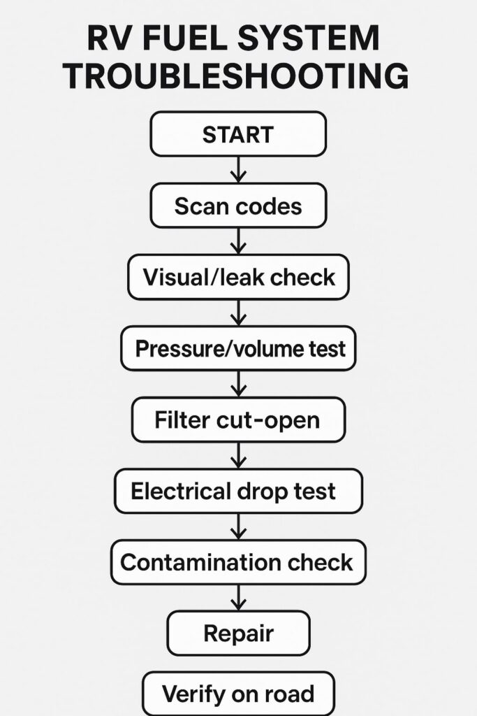 RV fuel system troubleshooting flow chart showing steps: start, scan codes, visual and leak check, pressure and volume test, filter cut-open, electrical drop test, contamination check, repair, and verify on road for RV fuel pump and filter issues.