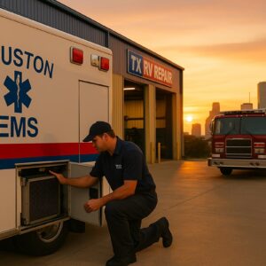 Technician in TX RV Repair uniform inspecting the HVAC unit on a Houston EMS ambulance outside the TX RV Repair service bay at sunset, with a fire truck and the Houston skyline in the background.