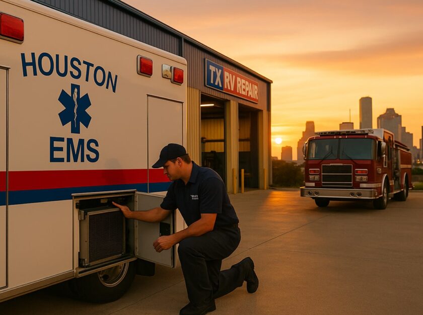 Technician in TX RV Repair uniform inspecting the HVAC unit on a Houston EMS ambulance outside the TX RV Repair service bay at sunset, with a fire truck and the Houston skyline in the background.