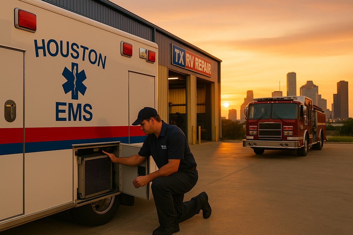 Technician in TX RV Repair uniform inspecting the HVAC unit on a Houston EMS ambulance outside the TX RV Repair service bay at sunset, with a fire truck and the Houston skyline in the background.