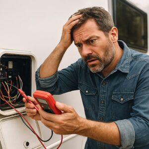 RV owner holding a multimeter and struggling with electrical issues while inspecting wires inside an RV electrical panel.