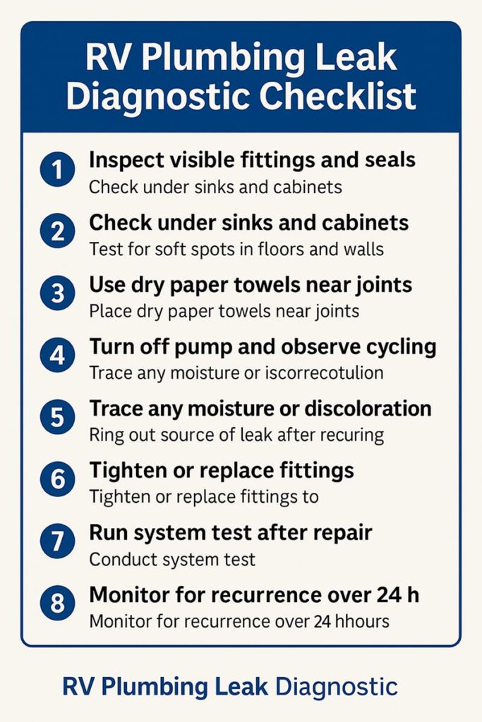 RV plumbing leak diagnostic checklist infographic showing eight steps for identifying and repairing plumbing leaks, including inspecting fittings, using paper towels, checking pump cycling, tightening fittings, and monitoring for recurrence.