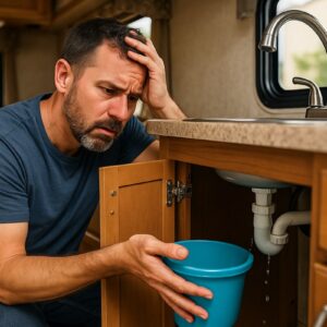 Frustrated RV owner kneeling beside a motorhome with a leaking hose, holding a wrench as water drips onto the ground in a sunny Houston RV park.