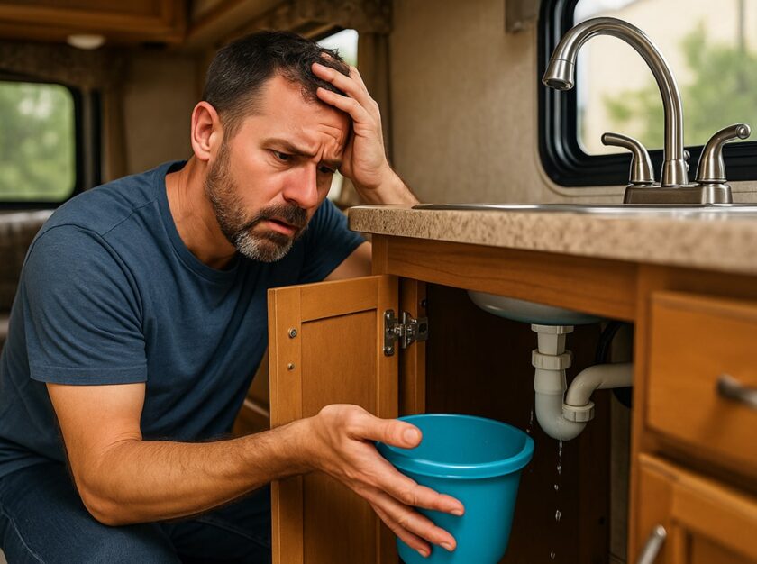 Frustrated RV owner kneeling beside a motorhome with a leaking hose, holding a wrench as water drips onto the ground in a sunny Houston RV park.