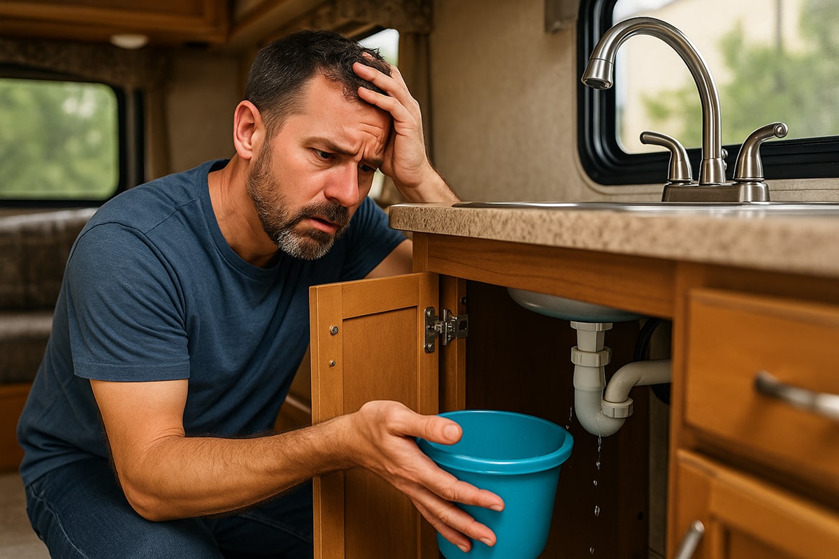 Frustrated RV owner kneeling beside a motorhome with a leaking hose, holding a wrench as water drips onto the ground in a sunny Houston RV park.
