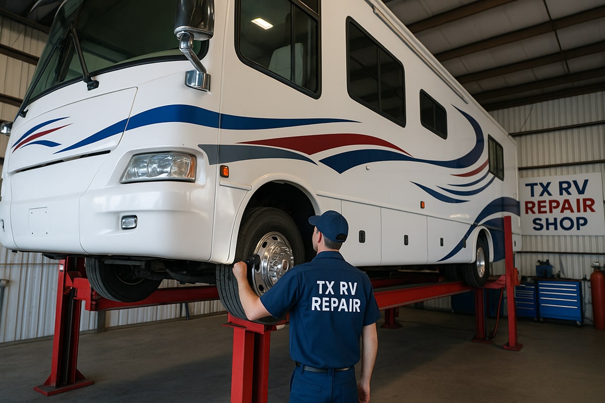 Technician inspecting motorhome suspension components at TX RV Repair Shop in Houston during a safety inspection.