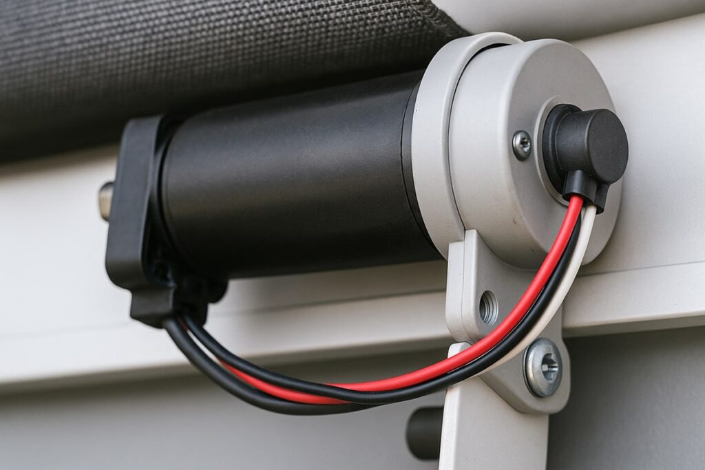 Close-up view of an RV awning motor showing the motor housing, wiring, and mounting bracket, used to explain RV awning motor repair and troubleshooting.
