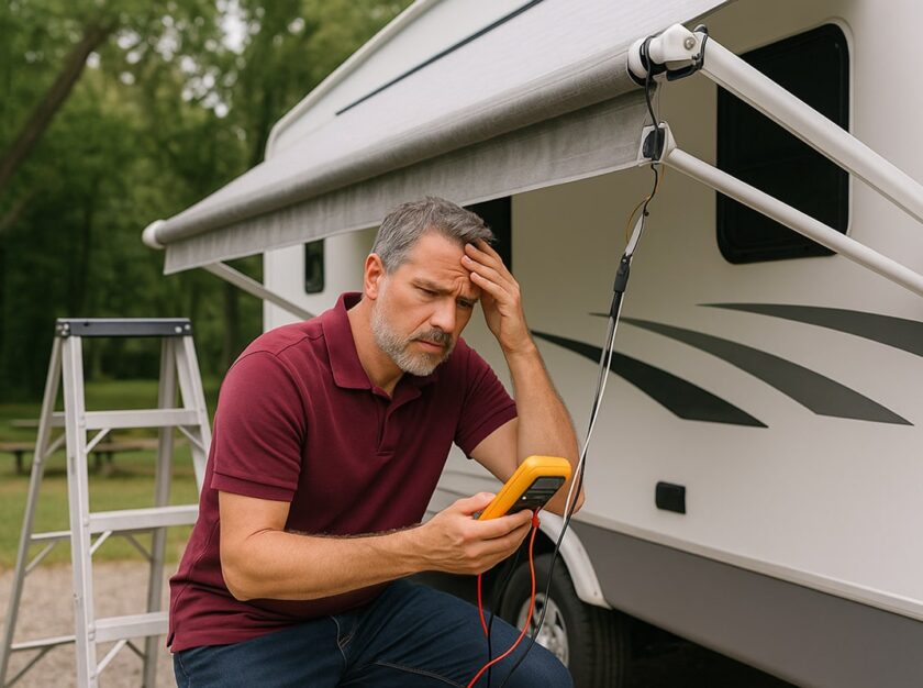 A frustrated RV owner in a Houston driveway examines a stuck RV awning with a multimeter, standing on a ladder beside a Class A motorhome under soft natural light.