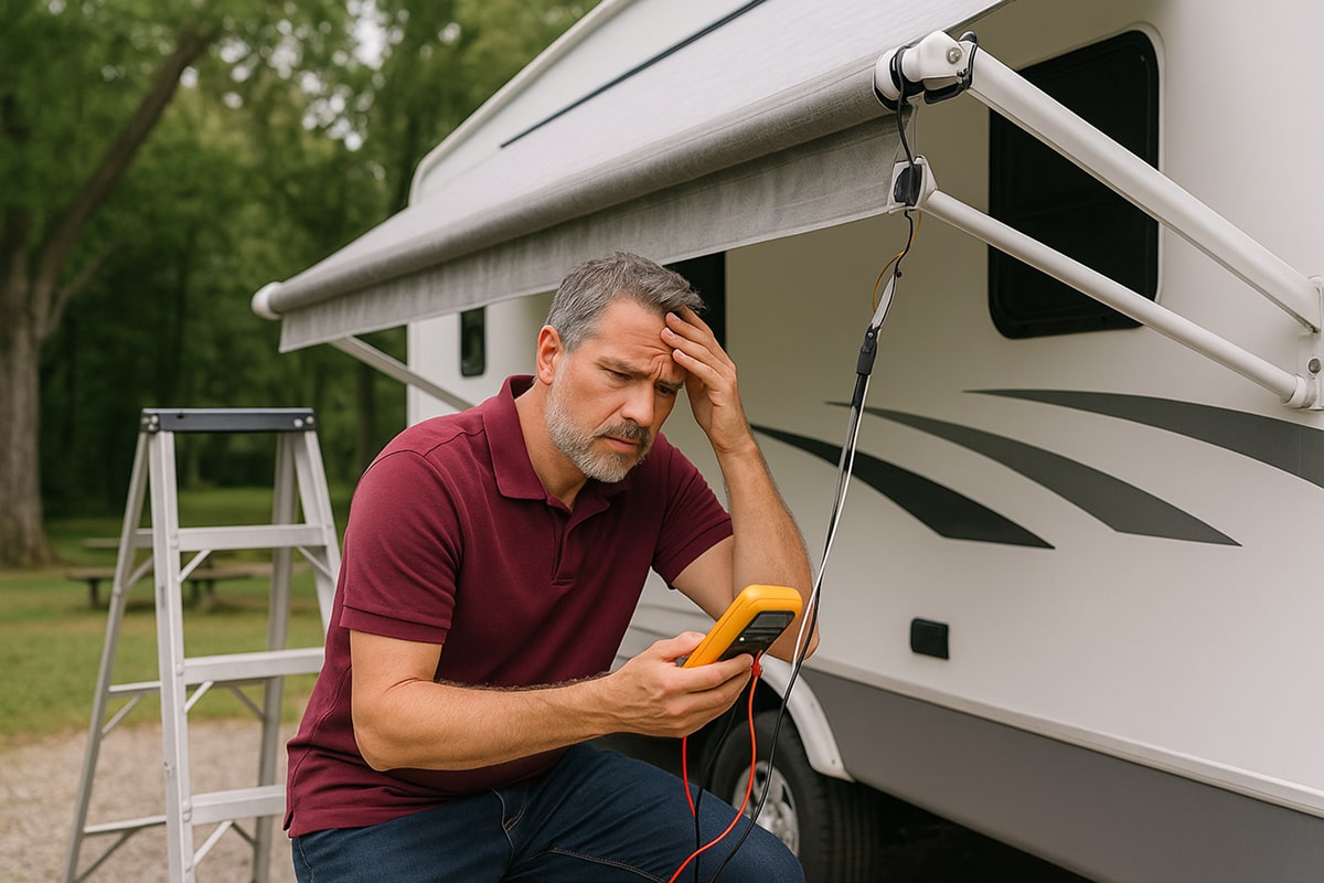 A frustrated RV owner in a Houston driveway examines a stuck RV awning with a multimeter, standing on a ladder beside a Class A motorhome under soft natural light.