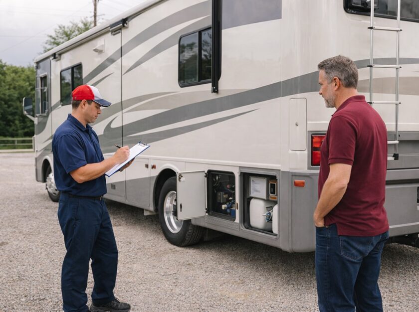 RV technician performing an annual motorhome maintenance inspection in Houston before the start of the travel season