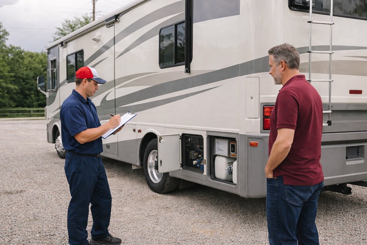 RV technician performing an annual motorhome maintenance inspection in Houston before the start of the travel season