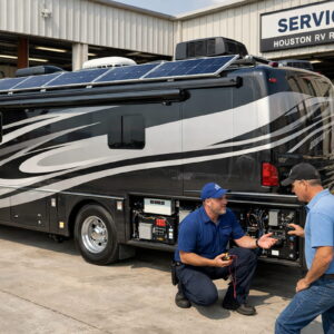 RV technician inspecting a solar-powered electrical system on a Class A motorhome during a professional solar installation in Houston.