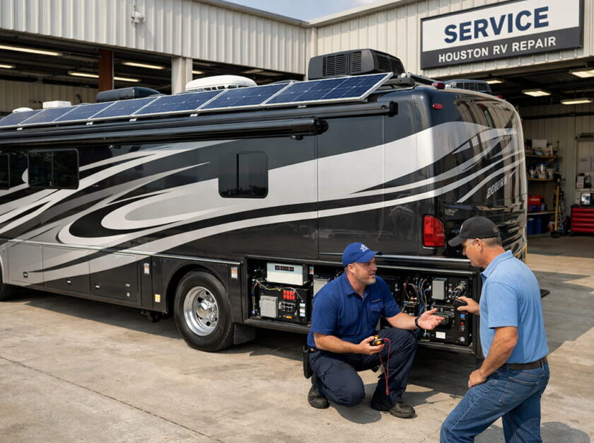 RV technician inspecting a solar-powered electrical system on a Class A motorhome during a professional solar installation in Houston.