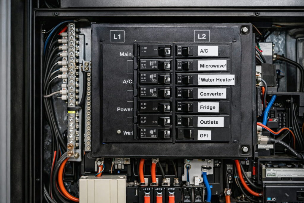 Close-up of an RV electrical breaker panel showing balanced circuits across two 50-amp legs