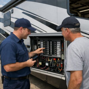 RV technician inspecting a motorhome electrical breaker panel while explaining load balancing to the owner