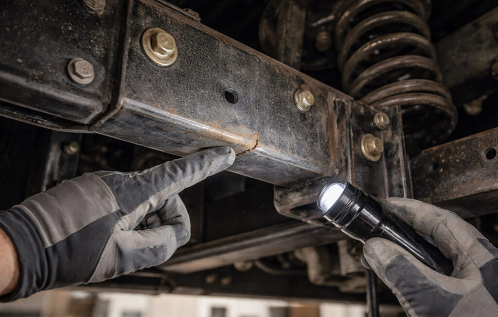 Close-up of a motorhome chassis frame rail showing a technician inspecting a welded joint for cracks and structural wear.