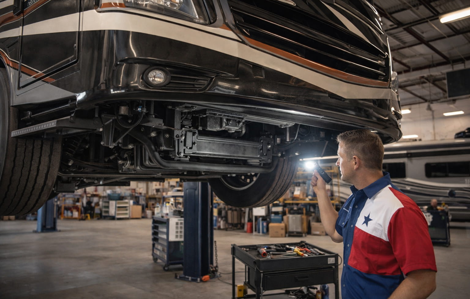 RV technician inspecting the chassis and suspension of a Class A motorhome during a professional undercarriage inspection.