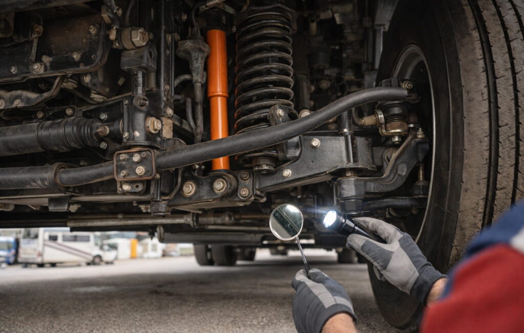 Mechanic inspecting suspension and steering components under a Class A motorhome during a chassis maintenance check.