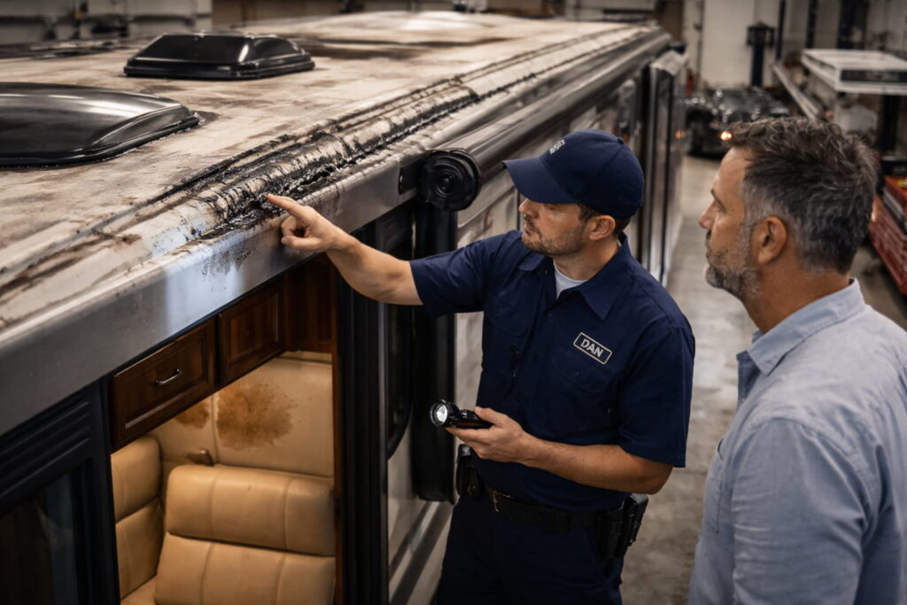 RV insurance claim denial reasons example showing water damage from poor maintenance and seal failure
