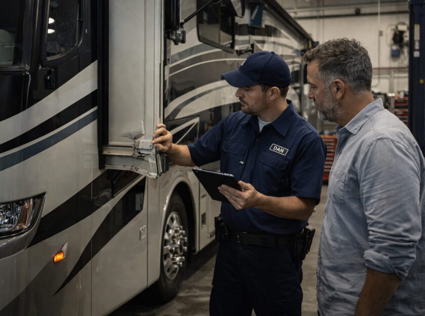 RV insurance mechanical repair coverage inspection showing technician reviewing motorhome damage for claim process