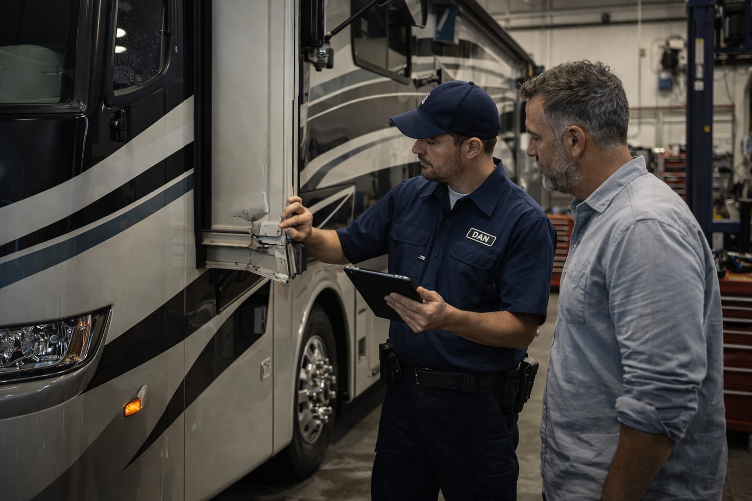 RV insurance mechanical repair coverage inspection showing technician reviewing motorhome damage for claim process