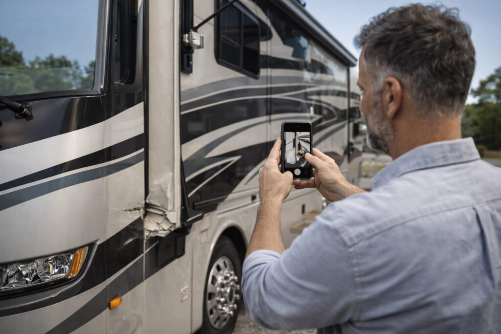 RV repair claim process showing owner documenting motorhome damage for insurance coverage approval